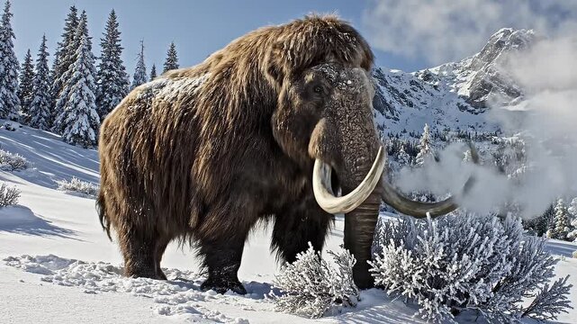 Majestic Woolly Mammoth Walking Through Snowy Mountain Landscape