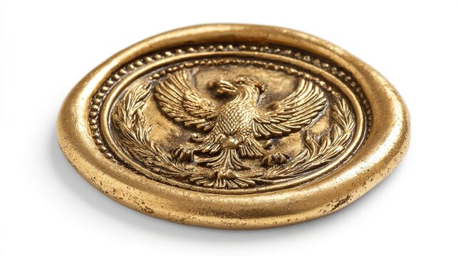 heraldry. Close-up of a golden seal emblem on white, emphasizing its intricate details and formal elegance. event programs, museum guides, designed for cultural heritage projects and event programs.