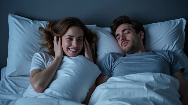 Annoyed woman covers her ears with a pillow beside snoring man in a bedroom at night. Neighbors make noise and interfere with sleep Neighbors make noise and interfere with sleep