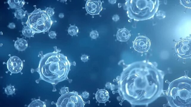 青背景に浮遊する人間細胞を医療と科学向けに使える三次元動画素材