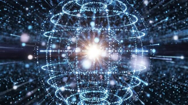 A glowing blue atom structure radiates energy in a dark space environment.