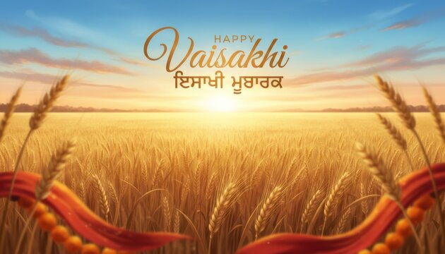 Happy Vaisakhi festival illustration with golden wheat field, warm sunset sky, Punjabi greeting text and traditional dhol drum banner background