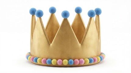 A festive gold fabric crown decorated with soft colorful pompom balls for children birthday party