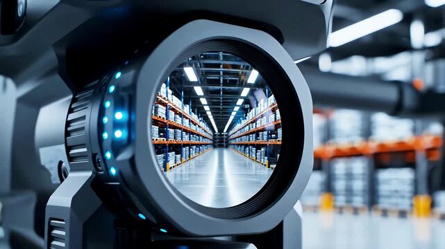 Close up view of robotic camera lens focusing on long warehouse rows, technology eye symbolizes automated surveillance and total control system. Concept of smart storage and security monitoring
