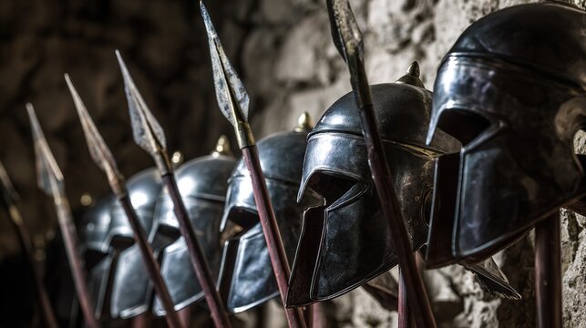 centurion. Polished Roman helmets and spears in formation with dramatic lighting. event programs, museum guides, designed for cultural heritage projects and event programs, supports education.