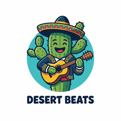 Fototapeta premium A cheerful cactus character wearing a sombrero, strumming a guitar, evoking a fun musical vibe, celebrating culture and nature in a lively desert setting.