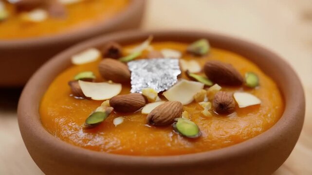 Traditional Indian Gajar Halwa Dessert Garnished with Nuts and Silver Leaf Close-Up