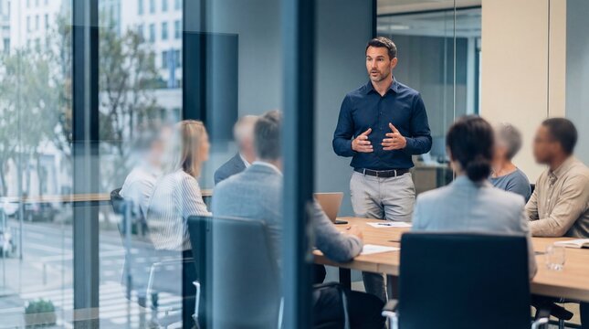 Confident businessman presenting to colleagues in modern office