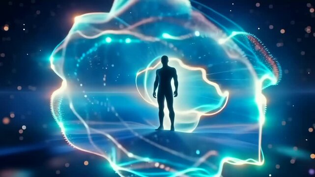 Vibrant energy ribbons cocoon silhouetted figure, flowing neon currents and tiny particles create organic loop, dreamlike ambiance suggests transformation and protection