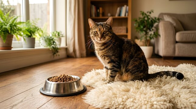 Adorable tabby cat sits patiently beside its shiny food bowl on a cozy rug, awaiting its meal in a warm and inviting home interior