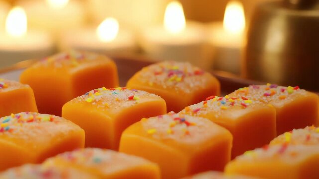 Traditional Indian Sweets Assortment with Besan Barfi and Festive Diwali Lighting