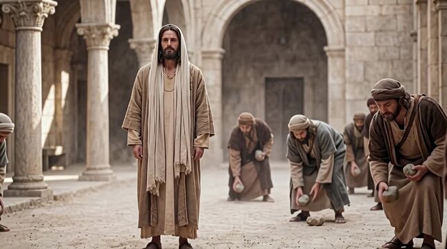 Jesus standing still as angry Jews bend down to pick up large stones