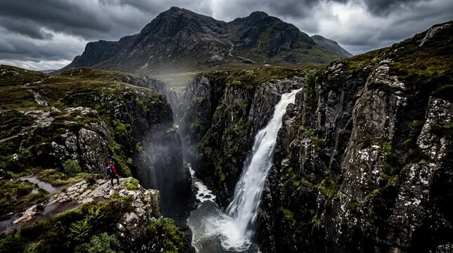 Dramatic scottish gorge with cascading waterfall and lone hiker explore rugged terrain. gorge, cliff,.