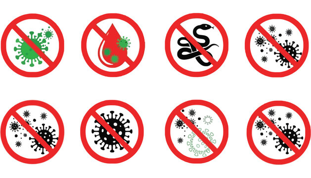 Virus icon set with forbidden signs on white background