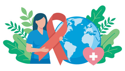 Fototapeta premium Awareness red ribbon illustration with a woman and globe for health and medical concept