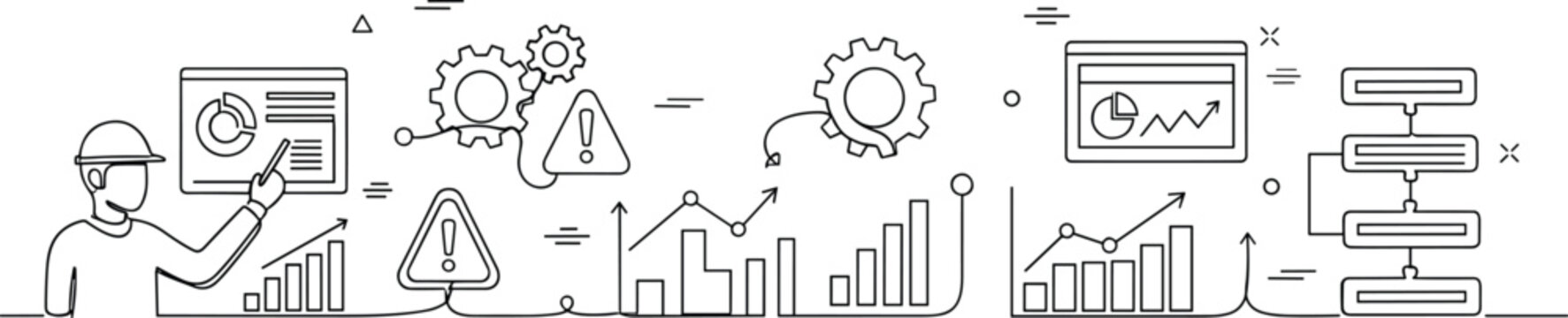 Business analytics and process optimization line vector illustration with engineer charts data workflow system management