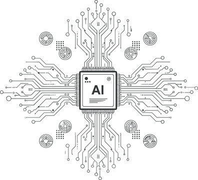 Artificial intelligence processor line vector illustration with circuit connections microchip network data technology futuristic design