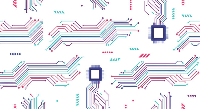 Colorful circuit board pattern vector with microchip technology lines futuristic digital background seamless design illustration