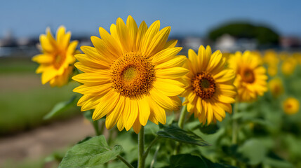 Obraz premium Yellow flowers blooming under blue sky bright nature spring summer floral beauty concept