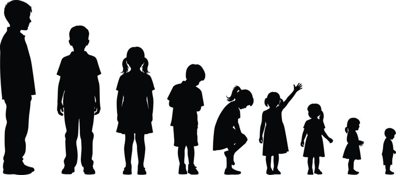 Black silhouettes of children and toddlers of various ages and heights standing in a row from tallest to shortest isolated on white background.