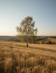 Fototapeta premium A single birch tree stands tall in a field of golden wheat, bathed in warm sunlight with long shadows stretching towards a line of trees on the horizon under a clear sky.