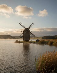 Naklejka premium A traditional windmill stands still near a serene lake at sunset, surrounded by lush greenery and soft golden light.
