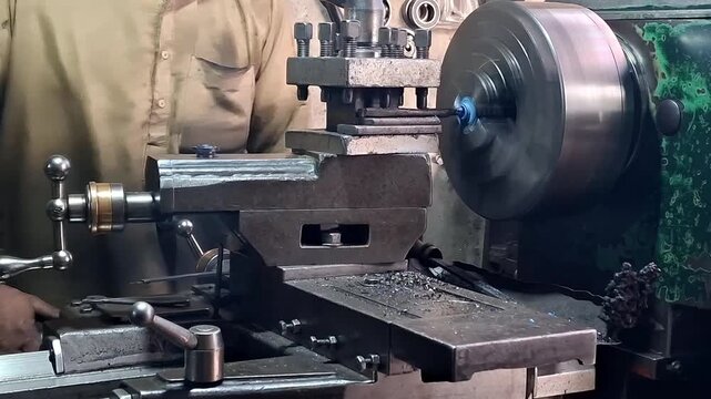 Close-Up of Lathe Machine Cutting plastic with Precision