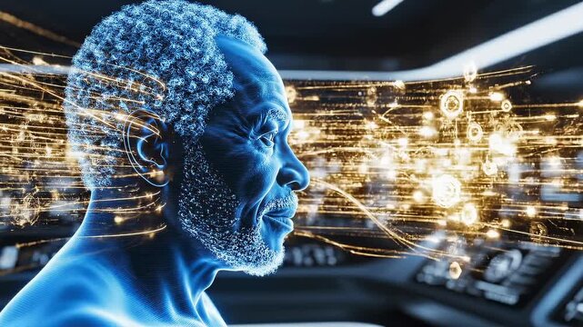 Elder operator viewing neural interface on bridge console, illuminated profile and flowing data trails convey expertise, advanced control room and diagnostic overlay set hightech mood