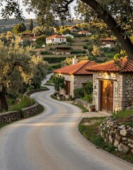 Fototapeta premium A winding rural road curves through traditional stone houses with red-tiled roofs in a lush Mediterranean environment bathed in warm golden sunlight during sunrise or sunset.