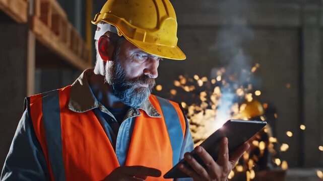 Professional Construction Engineer Using Digital Tablet in Industrial Workshop with Sparks for Site Management.