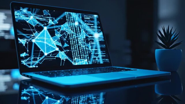 Advanced Data Visualization on Laptop with Blue Glowing Neural Network and Binary Code for Cybersecurity and Artificial Intelligence Concepts.