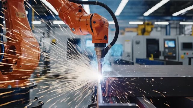 Advanced Industrial Automation featuring a robotic arm welding metal with bright sparks in a modern factory for manufacturing and engineering concepts.