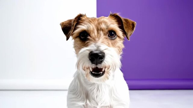 Adorable Jack Russell Terrier sitting in a studio against a split white and purple background, perfect for pet care advertising and veterinary marketing.