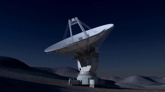Isolated Metallic Satellite Dish Under Clear Night Sky Intercepts Cosmic Radio Waves For Study