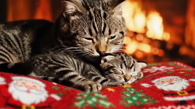 Cozy Christmas Moment featuring a mother tabby cat cuddling her sleeping kitten on a festive blanket by a warm fireplace, perfect for holiday greetings and winter lifestyle content.