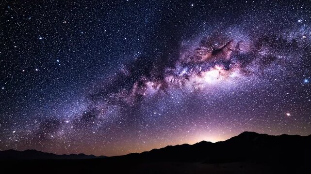 Stunning Milky Way Galaxy with bright stars over dark mountain silhouettes, perfect for cinematic backgrounds and educational space documentaries.