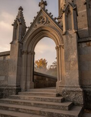 Fototapeta premium A Gothic archway with intricate stone carvings stands tall in a historic building under soft dawn or dusk lighting.