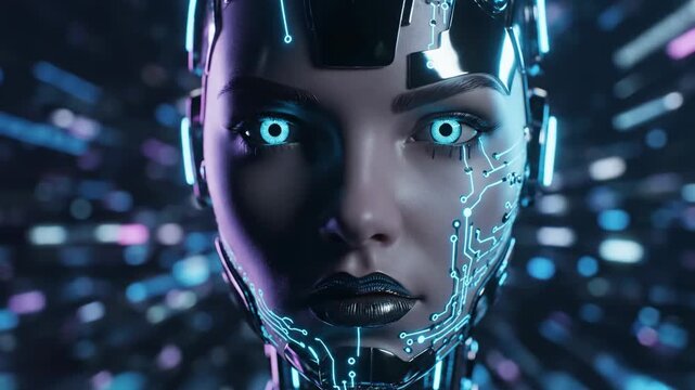 Futuristic Female Cyborg Face with Glowing Blue Circuitry and Eyes for Sci-fi and AI Technology Concepts.