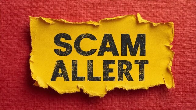 A torn yellow paper with bold black letters reading 'SCAM ALLERT' on a vibrant red background.