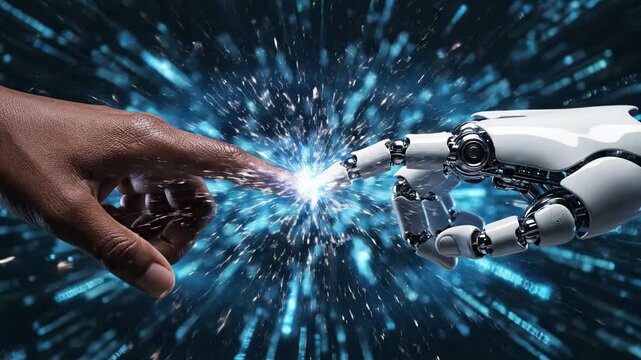 Futuristic Connection of Human and Robot Hands Touching Against Digital Data Background for AI Technology and Digital Transformation Concepts.
