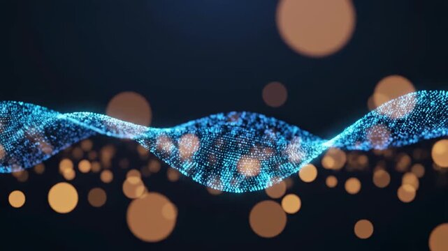 Futuristic Digital Wave with Glowing Blue Particles and Golden Bokeh for Technology Backgrounds and Data Visualization.