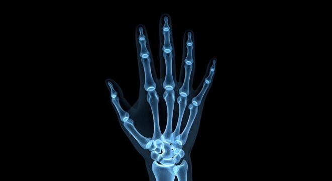 Glowing blue x ray image of a human hand with visible bones and joints