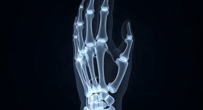 X ray image of a human hand with visible bones and joints