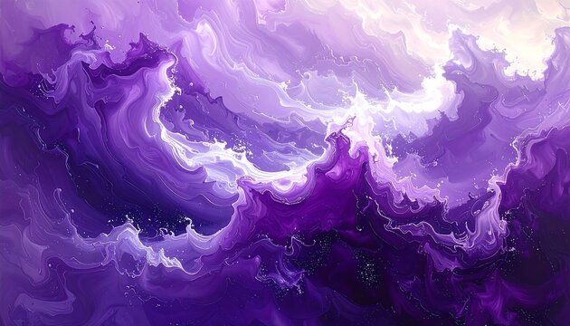 An abstract swirling composition of varying purple hues and white highlights, resembling clouds or flowing liquids. The color palette is calming and artistic