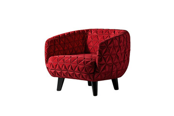 Fototapeta premium Red velvet armchair with contemporary geometric quilted pattern and black legs, modern furniture on transparent background
