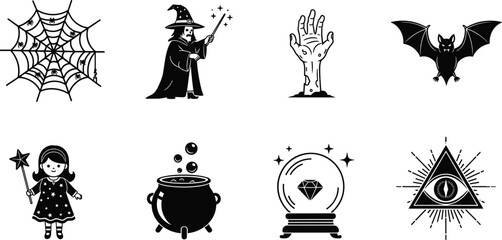 Black and white vector illustration of eight Halloween icons, spider web, wizard, zombie hand, bat, fairy, cauldron, crystal ball, mystical eye design © Ajija