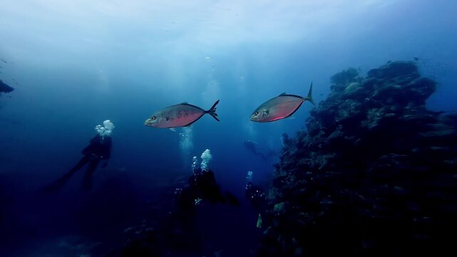 Professional scuba divers explore a majestic deep sea coral reef formation while large silver jacks swim through the clear blue tropical water during a bright sunny summer day in the Pacific Ocean