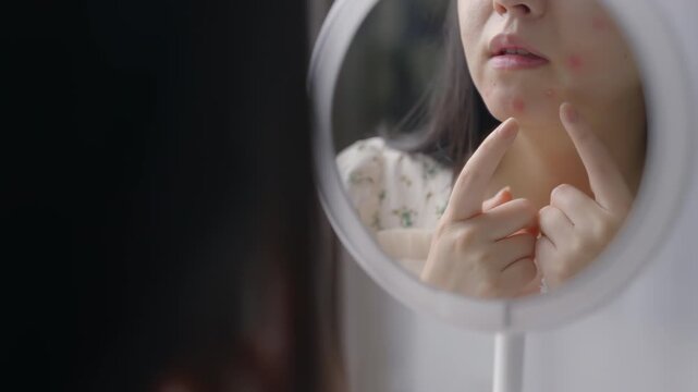 Frustrated girl female woman disappointed by face skin problems by acne pimple look mirror face check wrinkles bad condition complexion dermatology cosmetology hormonal changes, skincare product theme