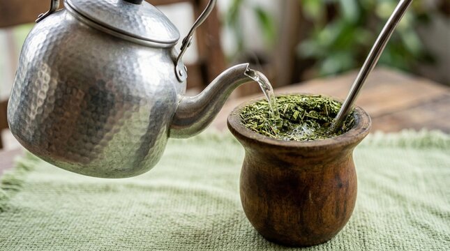 Close-up of traditional South American yerba mate tea (chimarr&atilde;o) being prepared with a silver kettle