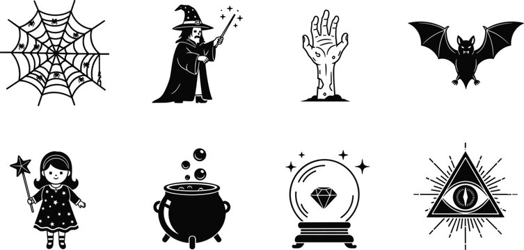 Black and white vector illustration of eight Halloween icons, spider web, wizard, zombie hand, bat, fairy, cauldron, crystal ball, mystical eye design